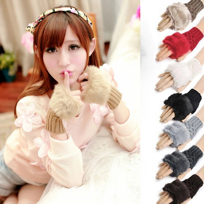 Ladies Fingerless shaggy Faux Fur mittens