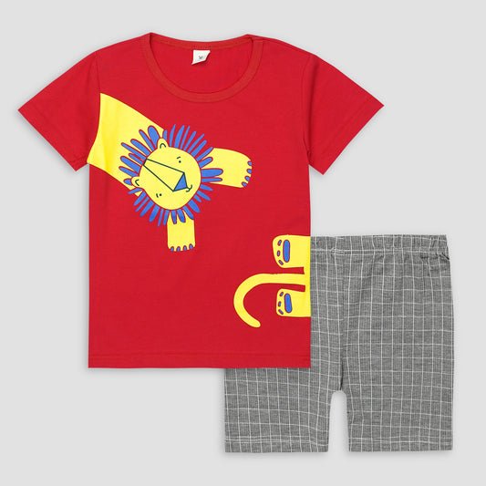 Kids Cotton T-Shirt & Shorts Set |Playful Lion -Red -CS1111