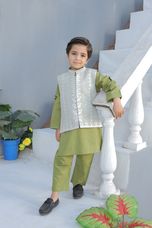 Boys Embroidered Waistcoat Apple Green -WC01