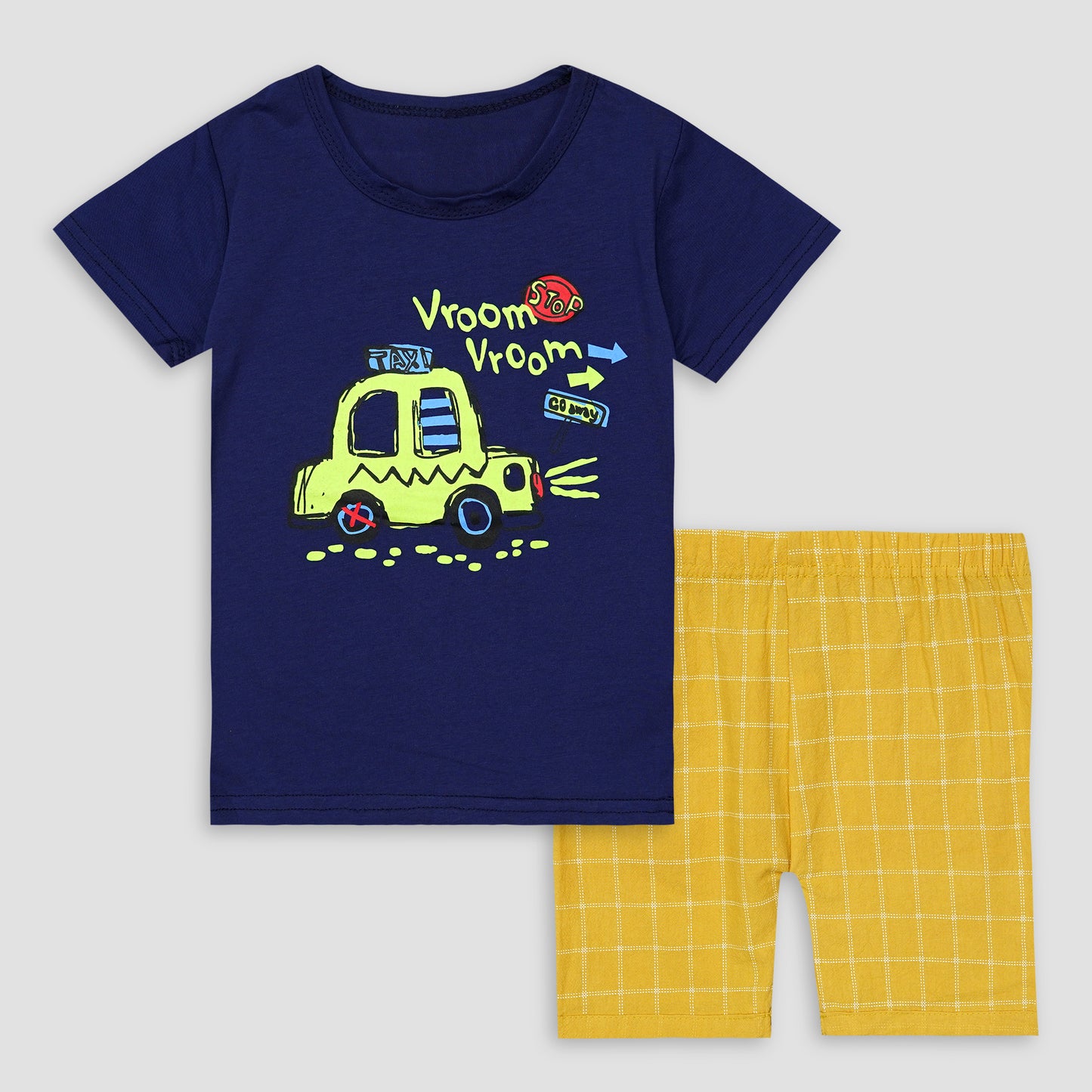 Kids Cotton T-Shirt & Shorts Set |Vroom Go Away -Blue -CS1103