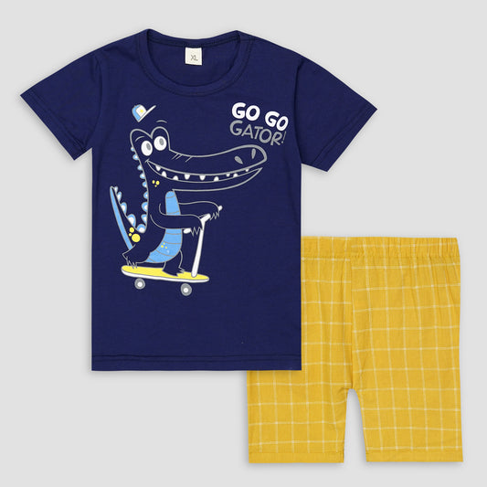 Kids Cotton T-Shirt & Shorts Set |GO GO Gator Skate Dino -Navy -CS1126