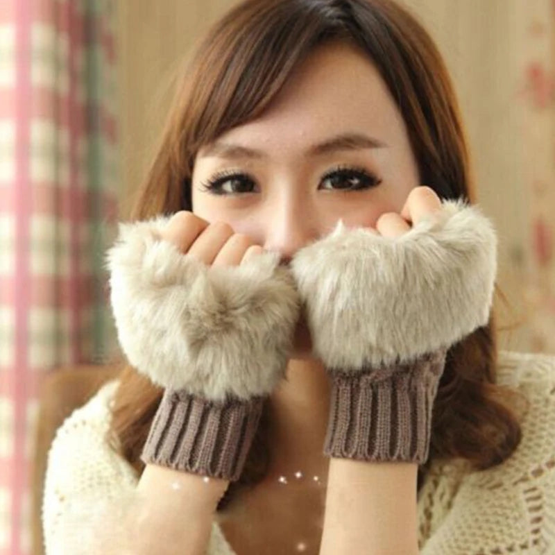 Ladies Fingerless shaggy Faux Fur mittens