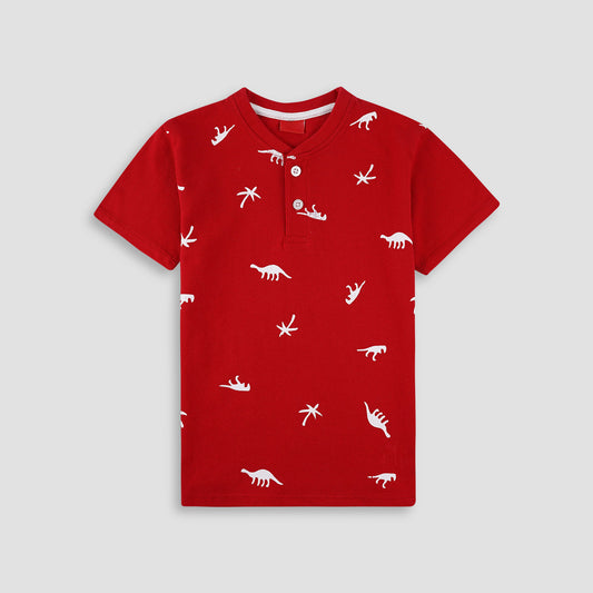 Dino Red Henley Polo Shirt