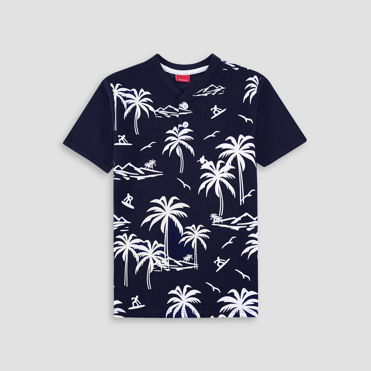 Palm Tree Black Henley Polo Shirt