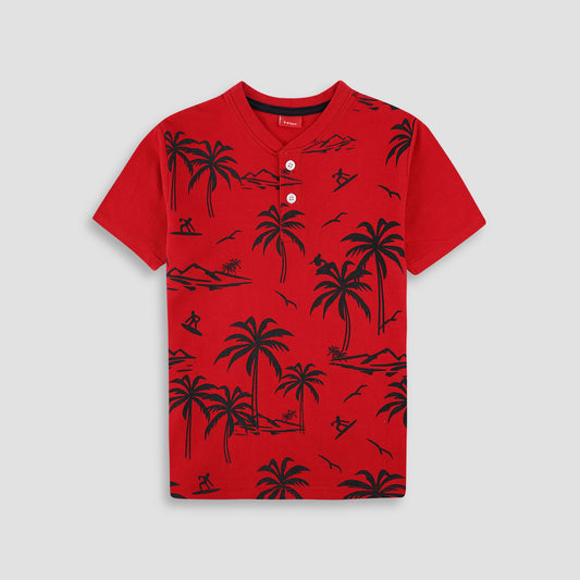 Palm Tree Red Henley Polo Shirt