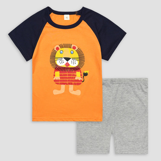 Kids Cotton T-Shirt & Shorts Set |Lion Cat -Orange -CS1108