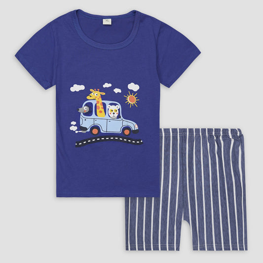 Kids Cotton T-Shirt & Shorts Set |Jungle Car -Blue -CS1112