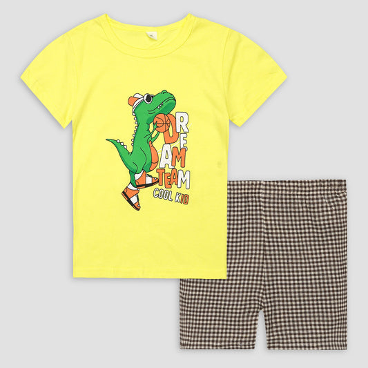 Kids Cotton T-Shirt & Shorts Set |Dream Team Dino -Yellow -CS1128