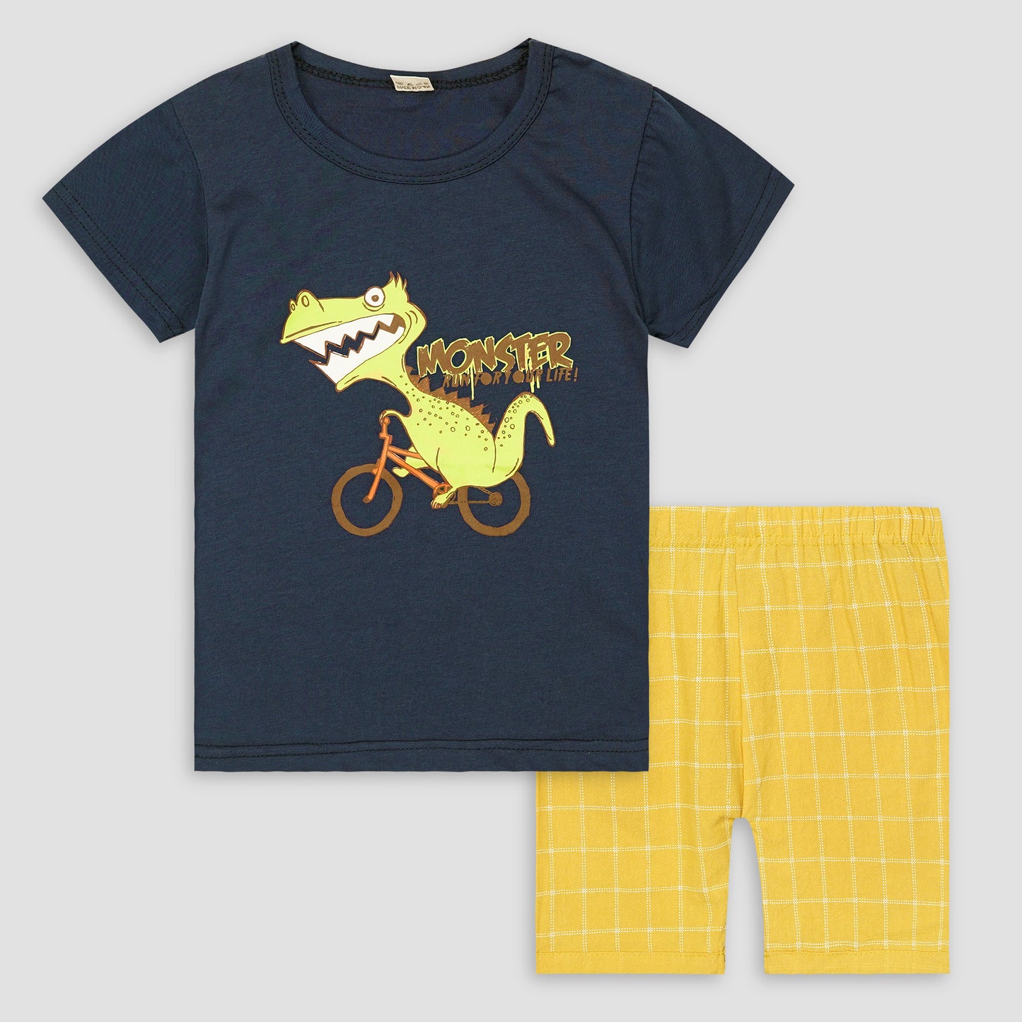 Kids Cotton T-Shirt & Shorts Set |Monster Cycling Dino -Blue -CS1117