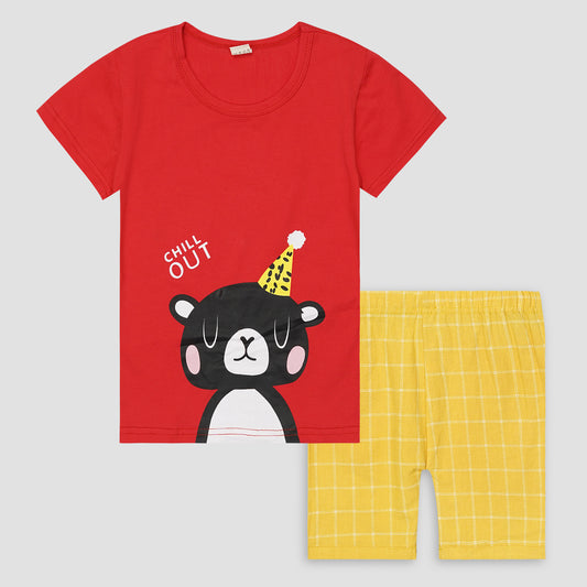 Kids Cotton T-Shirt & Shorts Set |Chill out Bear -Red -CS1129