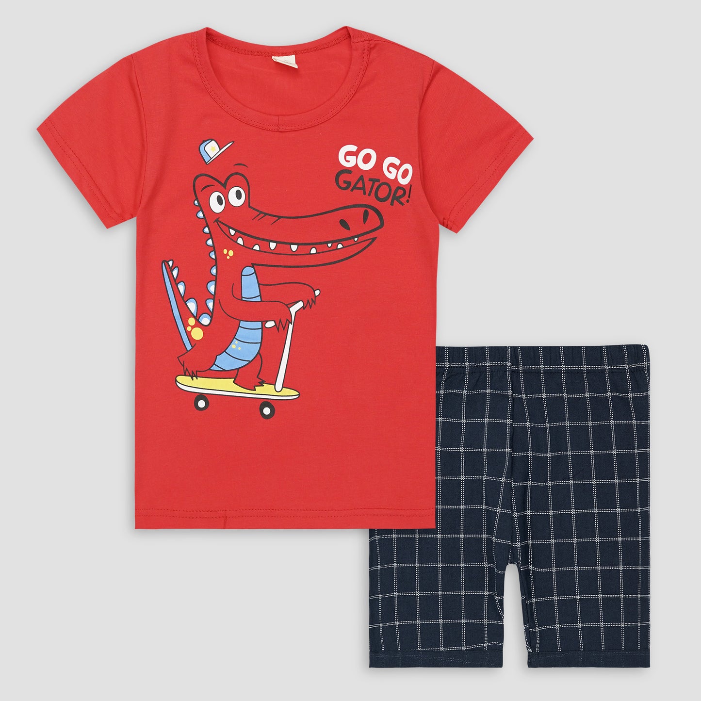 Kids Cotton T-Shirt & Shorts Set |GO GO Gator Skate Dino -Red -CS1125