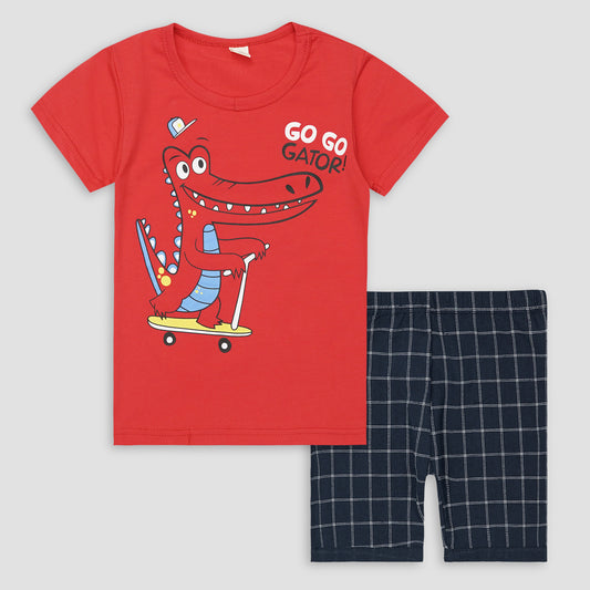 Kids Cotton T-Shirt & Shorts Set |GO GO Gator Skate Dino -Red -CS1125