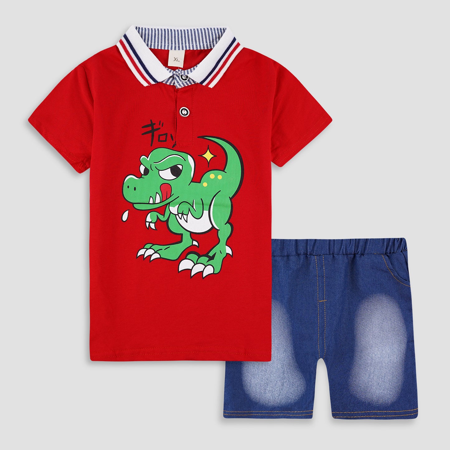 Polo Playdates Set with Shorts -Red Naughty Dino