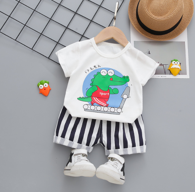 Kids Cotton T-Shirt & Shorts Set |Sports Dino -White -CS1124