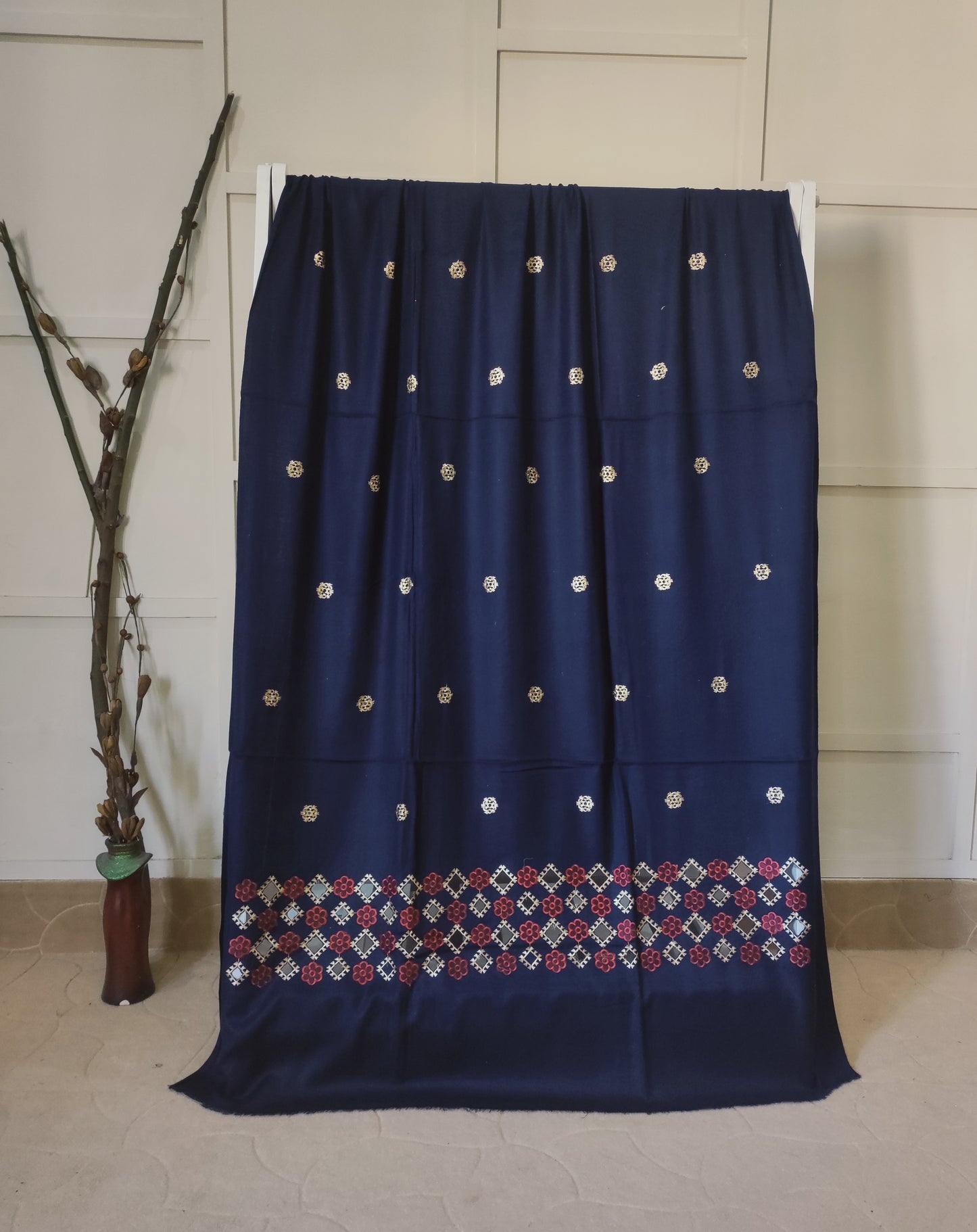 Embroidered Floral Applique Pashmina Shawl - LS 14 Navy