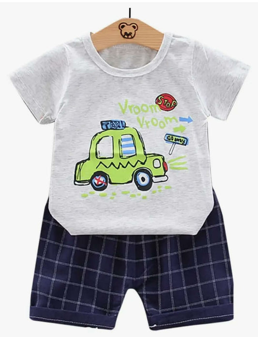 Kids Cotton T-Shirt & Shorts Set |Vroom Go Away -Grey -CS1102