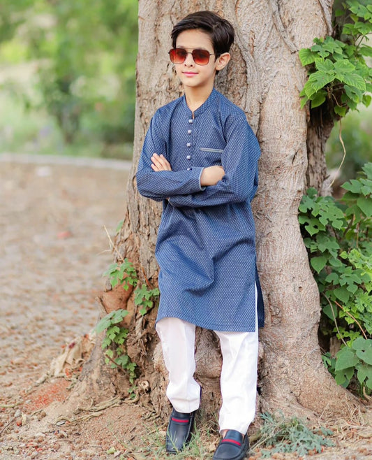 Blue n Gray Self Print with Loops Kurta Only (Daddy & Me Duos)