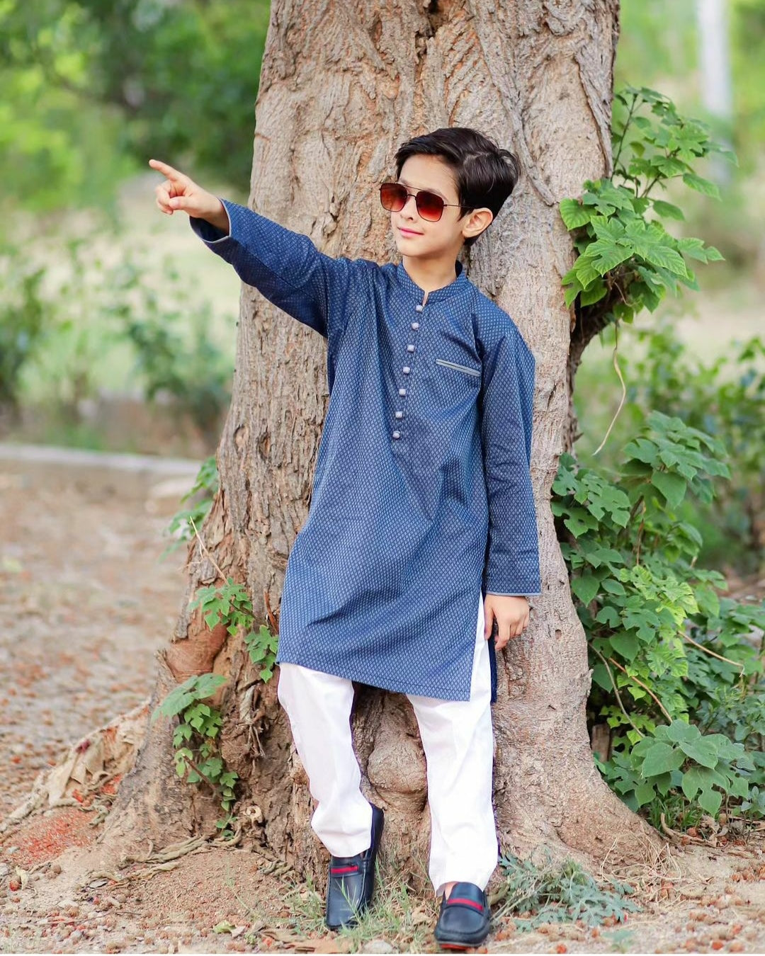 Blue n Gray Self Print with Loops Kurta Only (Daddy & Me Duos)