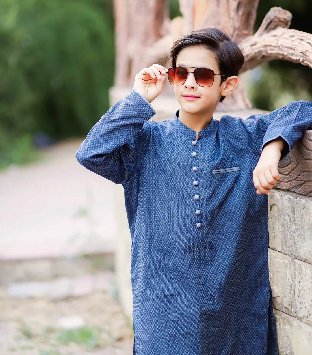 Blue n Gray Self Print with Loops Kurta Only (Daddy & Me Duos)