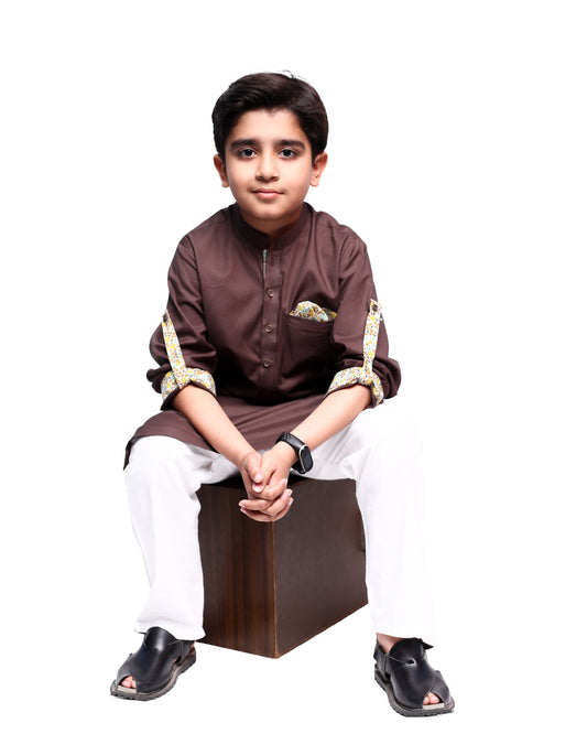 Chocolate Boy Kurta with Floral Contrast