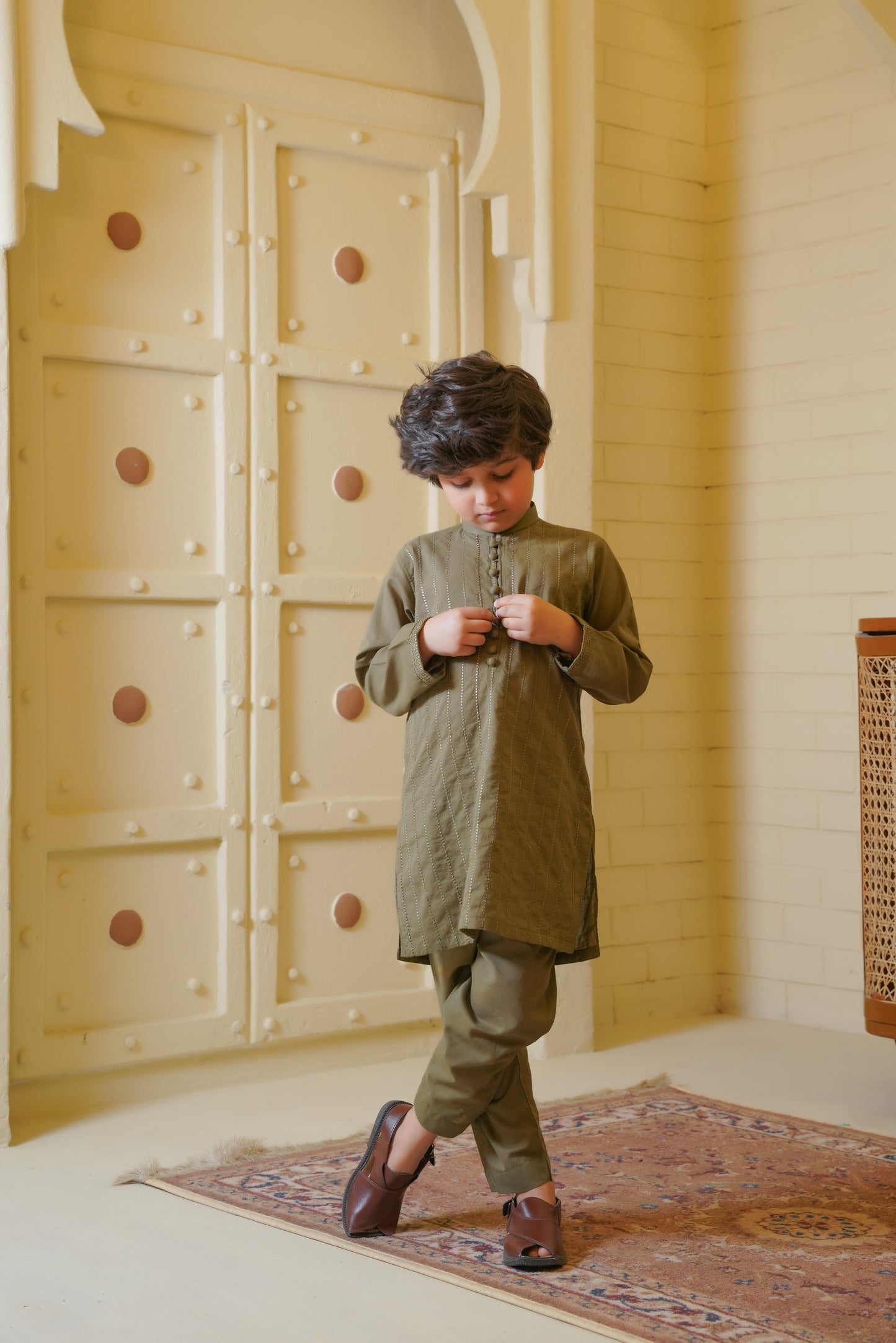 All over Embroidered Kurta With Trouser - Olive