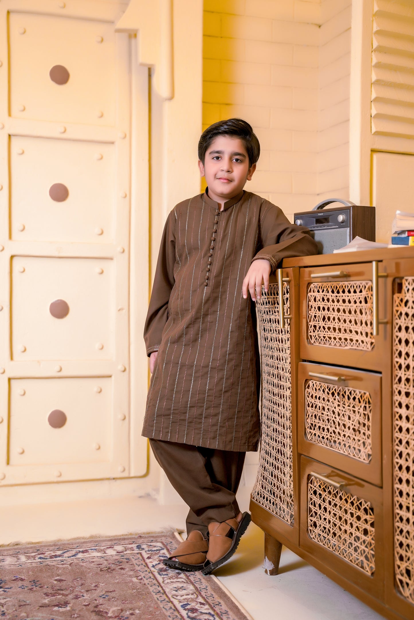 All over Embroidered Kurta With Trouser - Choco Brown