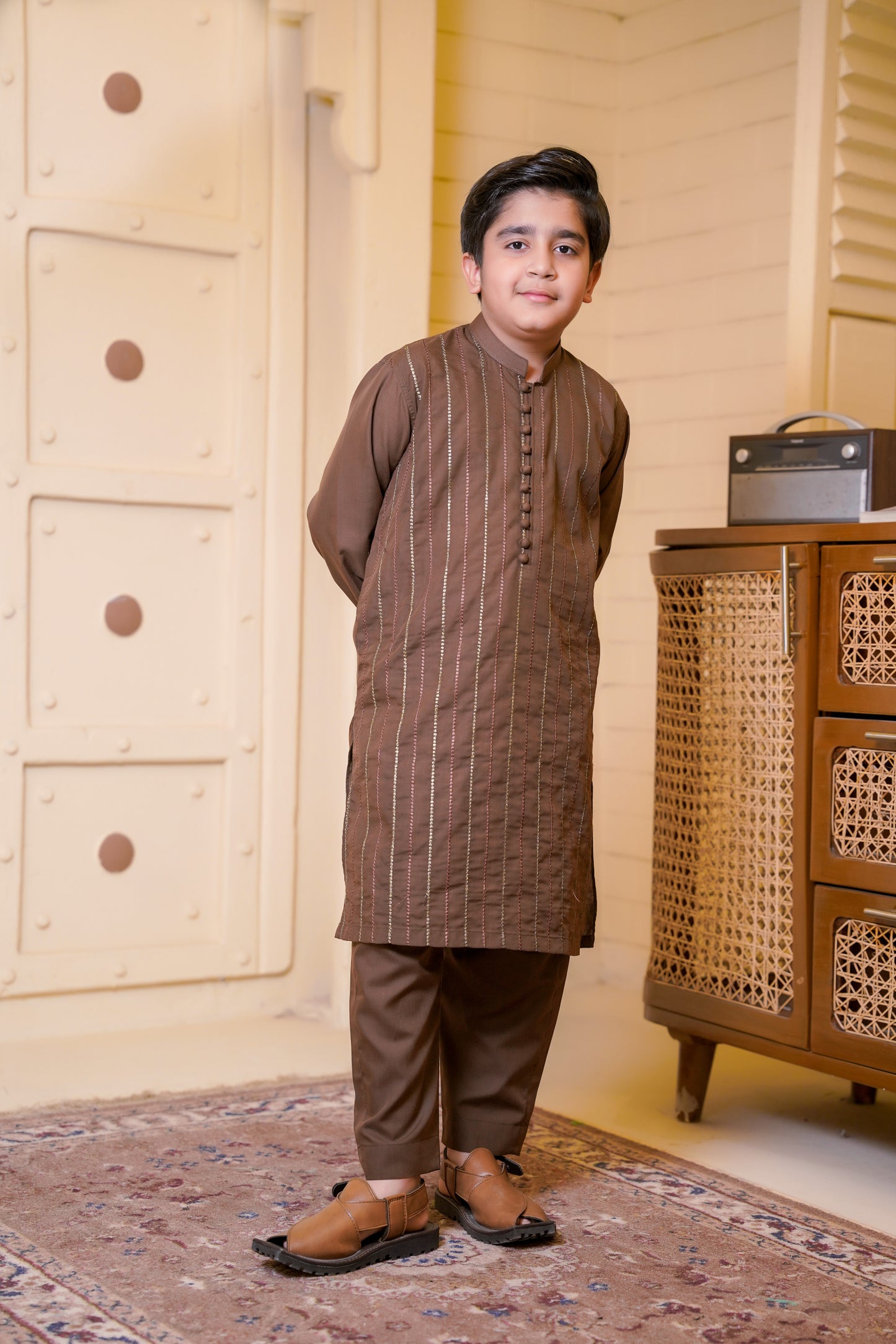 All over Embroidered Kurta With Trouser - Choco Brown