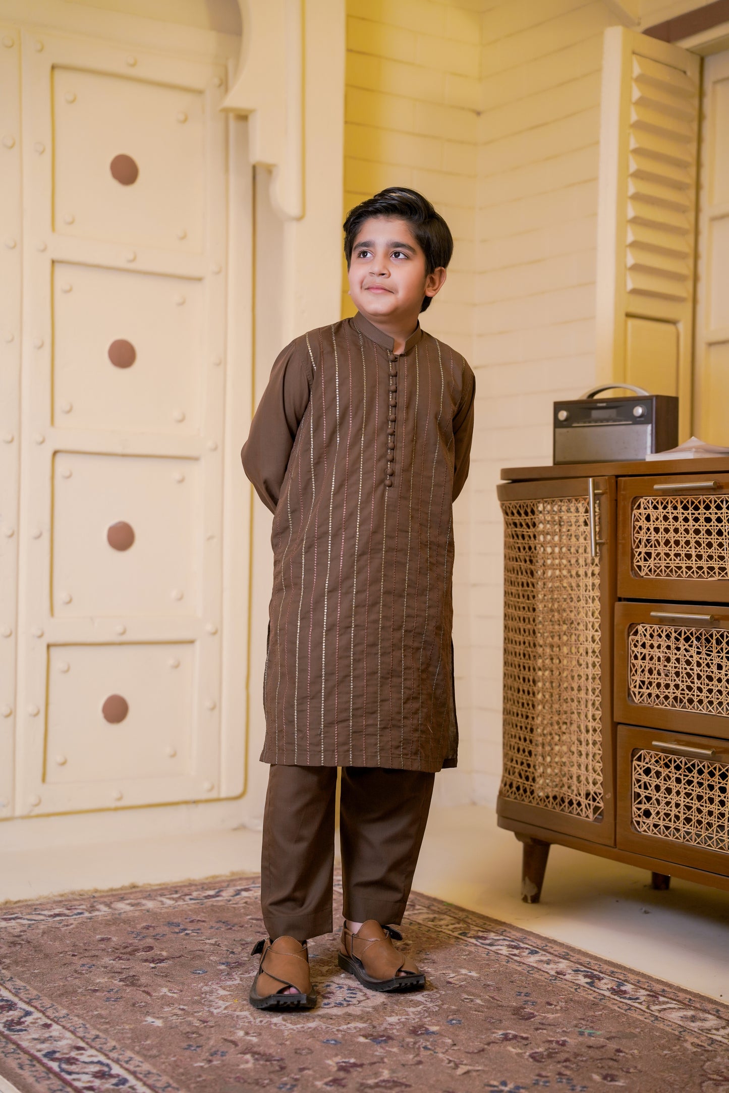 All over Embroidered Kurta With Trouser - Choco Brown