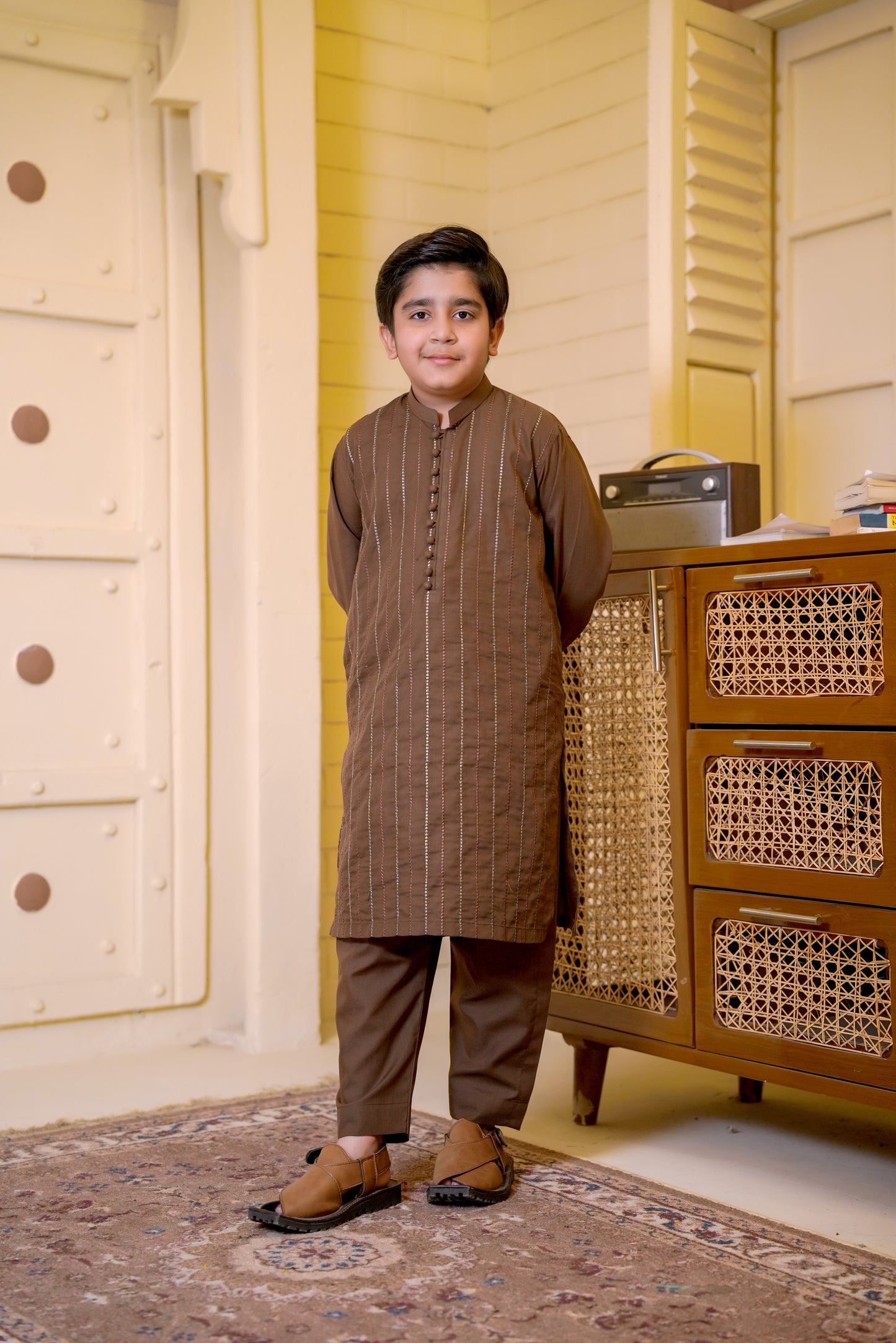 All over Embroidered Kurta With Trouser - Choco Brown