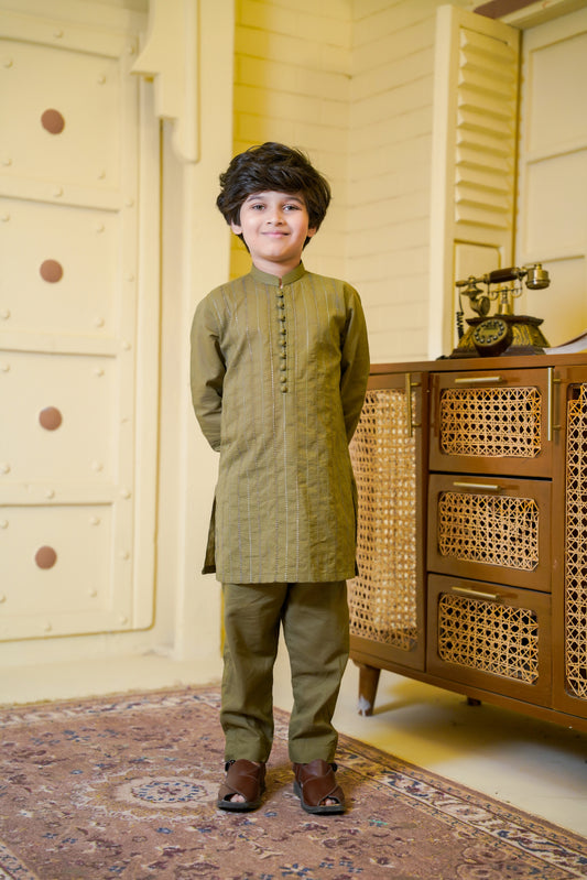 All over Embroidered Kurta With Trouser - Olive