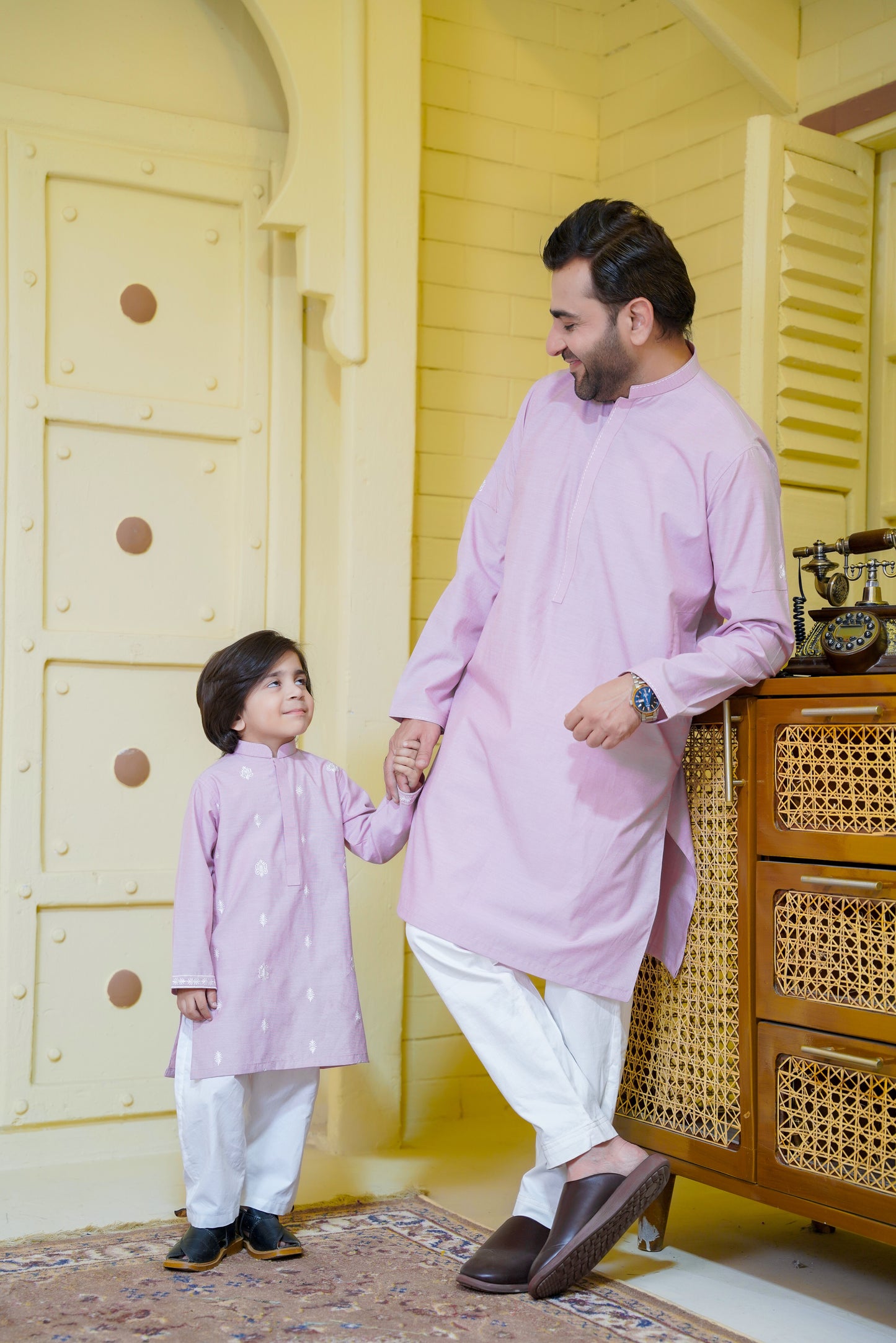 Embroidered Motif Pastel Pink Kurta Trouser - Father Son Duos