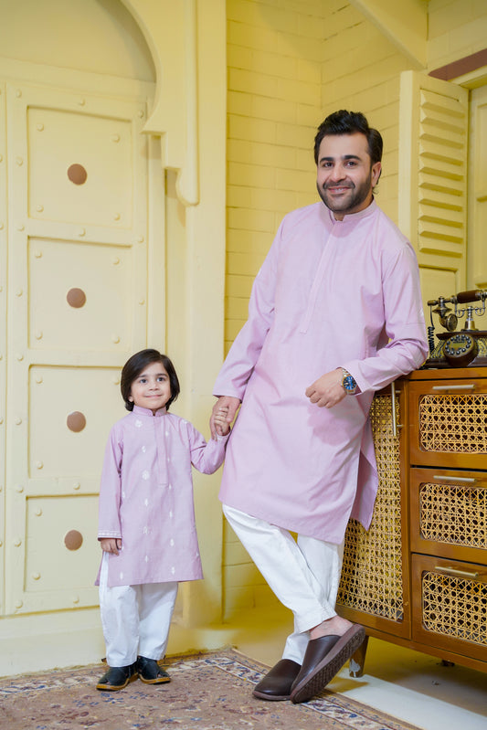 Embroidered Motif Pastel Pink Kurta Trouser - Father Son Duos