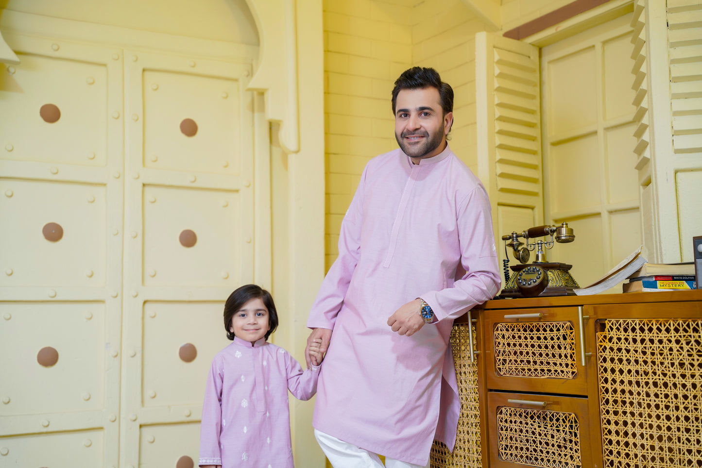 Embroidered Motif Pastel Pink Kurta Trouser - Father Son Duos