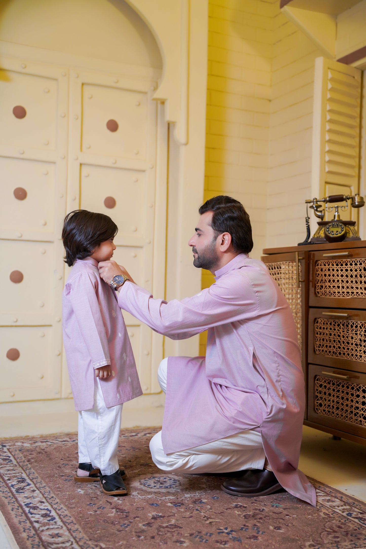 Embroidered Motif Pastel Pink Kurta Trouser - Father Son Duos