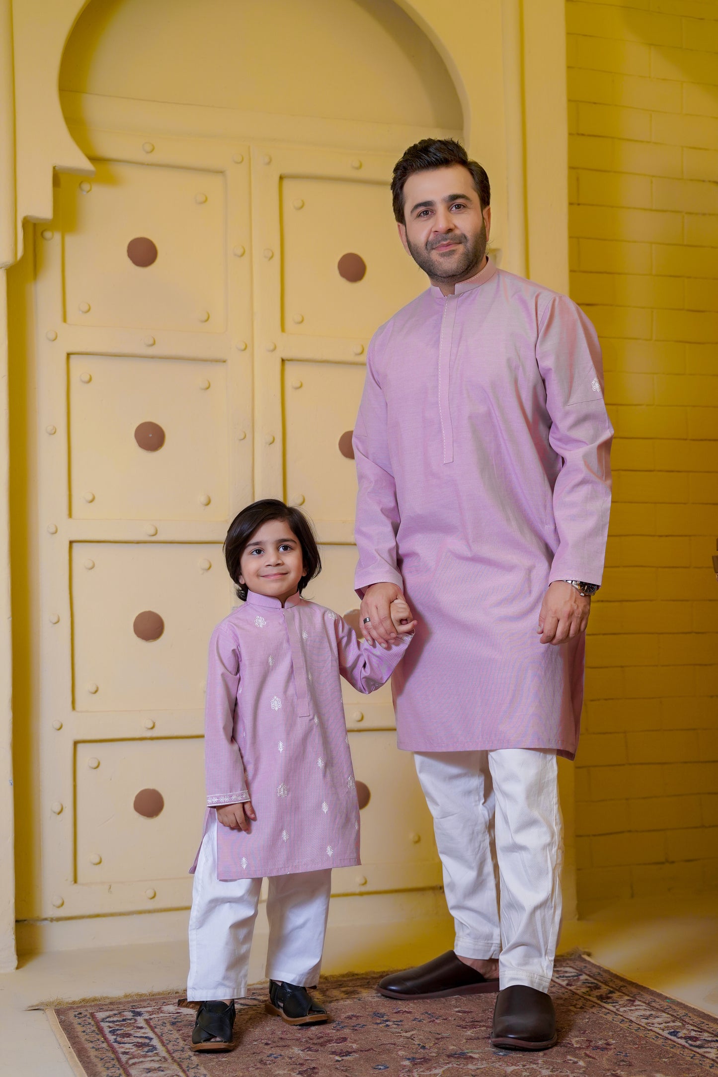 Embroidered Motif Pastel Pink Kurta Trouser - Father Son Duos