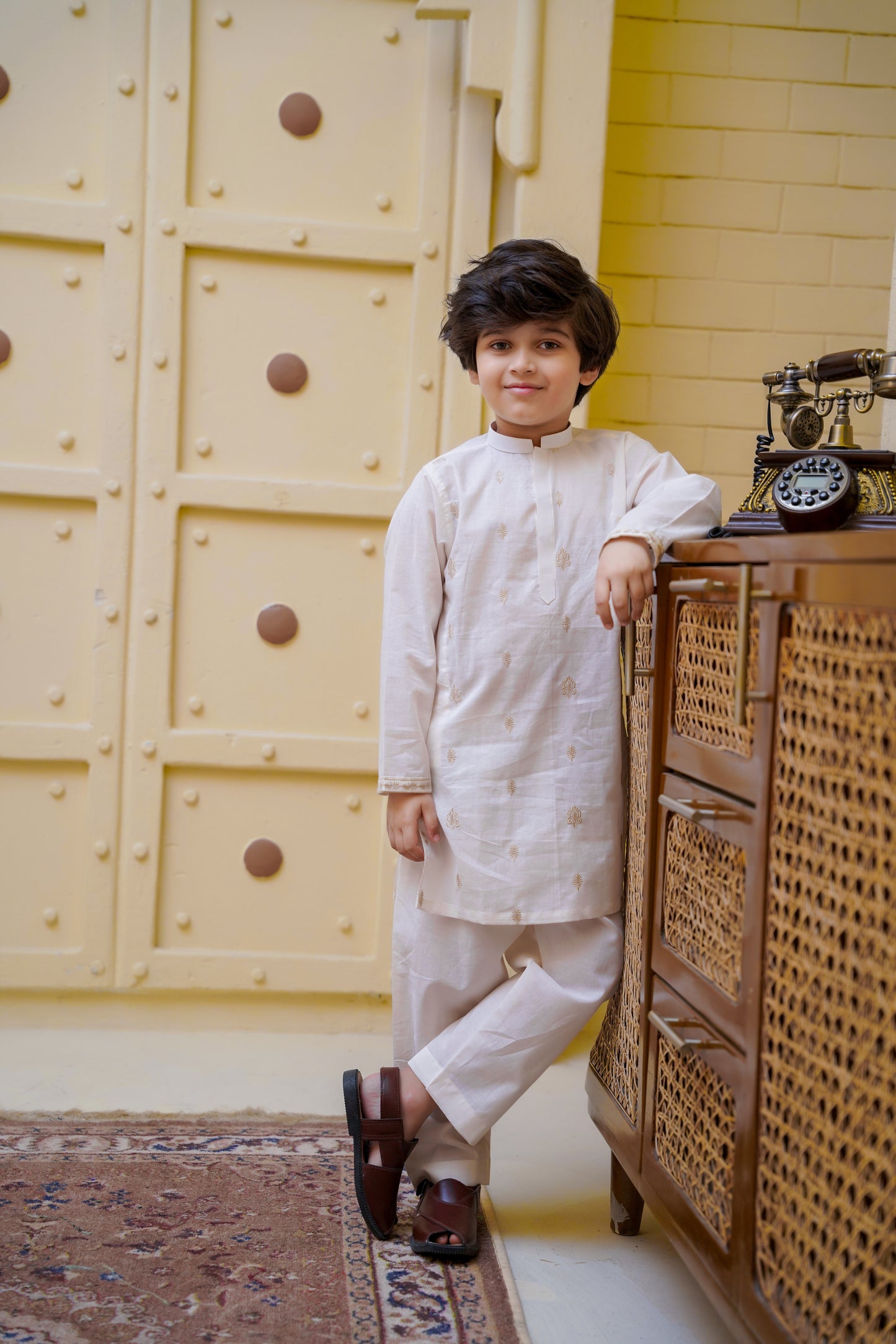 Embroidered Motif Kids Kurta Trouser - Off White