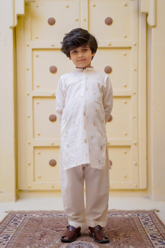 Embroidered Motif Kids Kurta Trouser - Off White