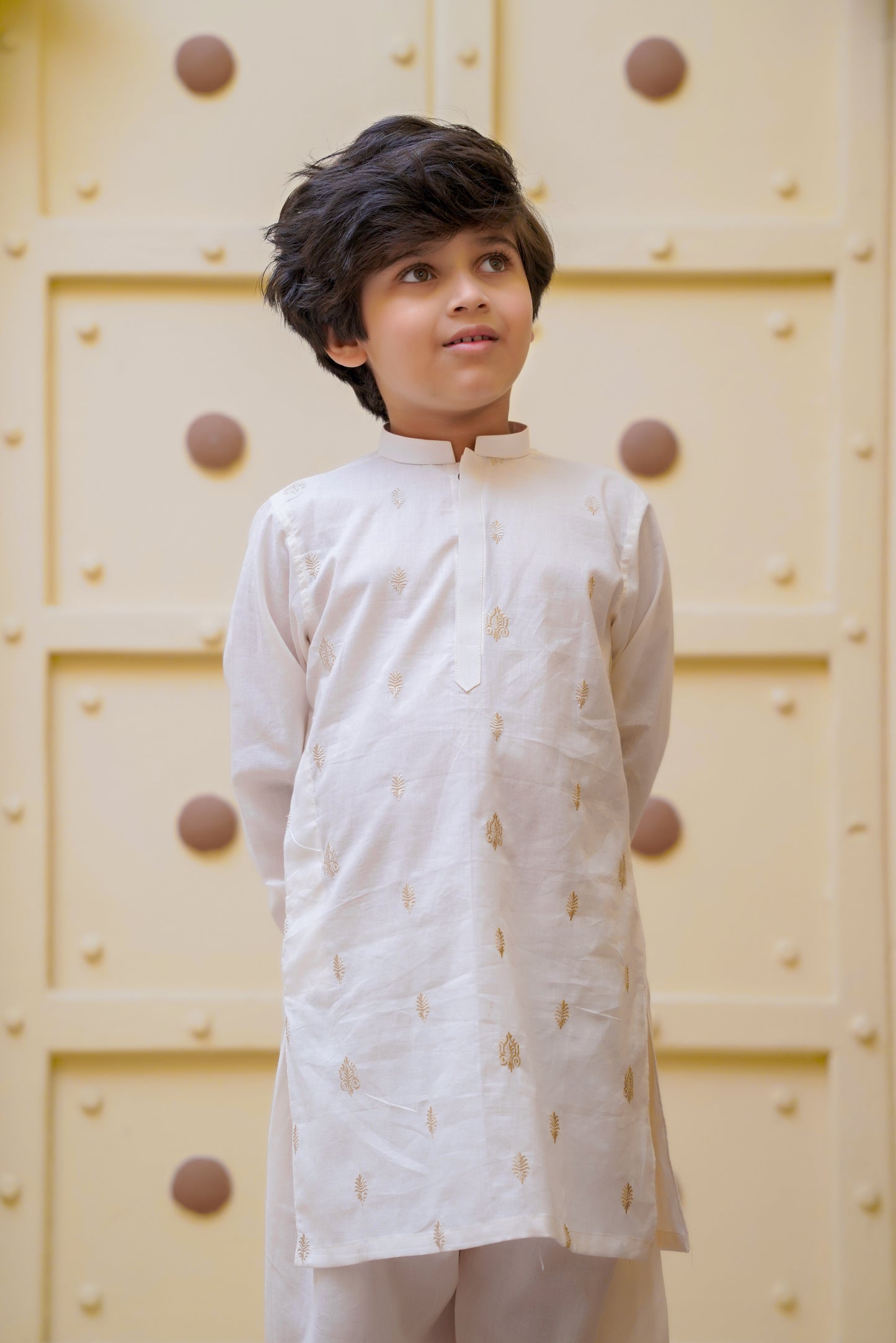 Embroidered Motif Kids Kurta Trouser - Off White