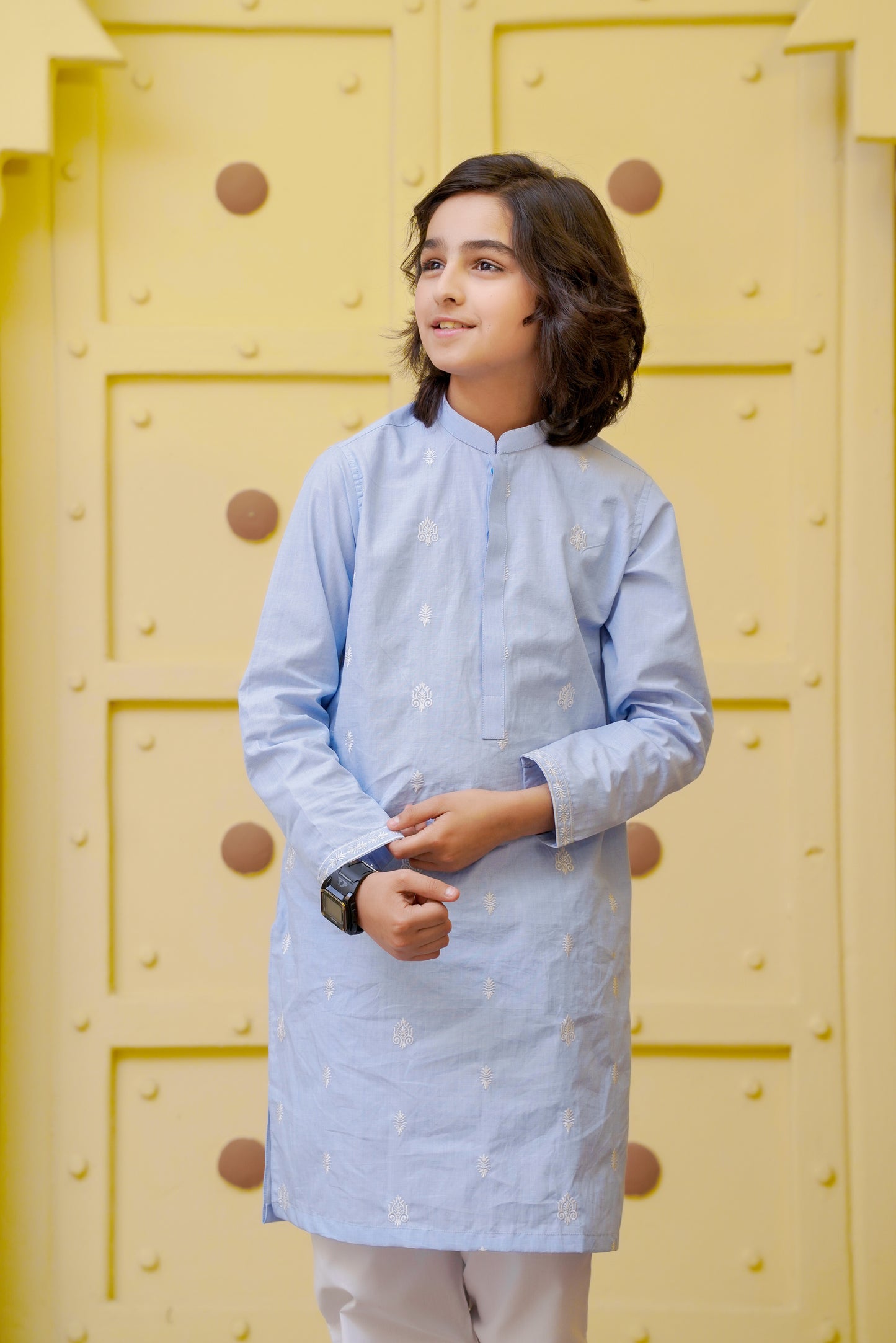 Embroidered Motif Sky Blue Kurta Trouser - Father Son Duos