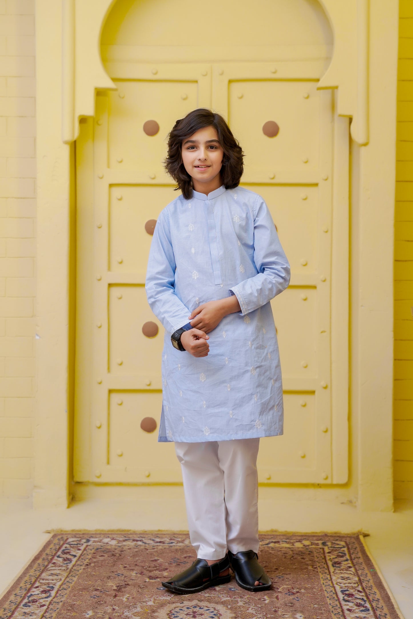 Embroidered Motif Sky Blue Kurta Trouser - Father Son Duos