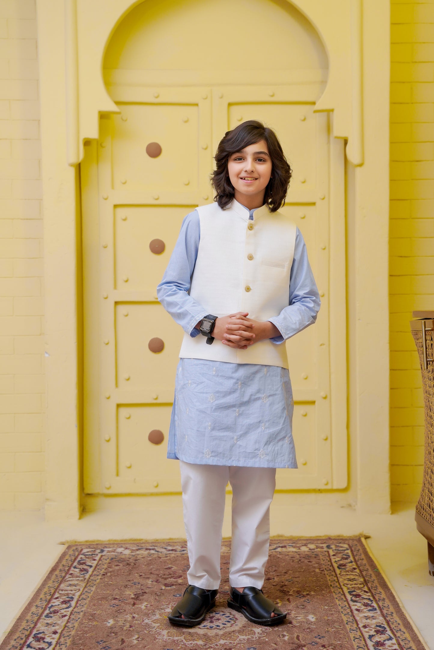 Embroidered Motif Sky Blue Kurta Trouser - Father Son Duos